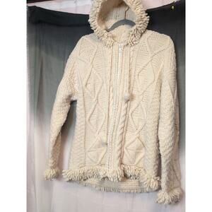 Amish Made Women's Knit Sweater Jacket Size Small/Medium Ivory With A Hood(132)